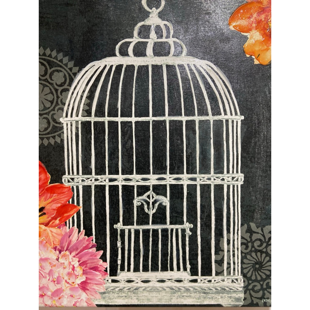 Kathryn White Original Canvas Painting Bird Cage Floral Wall Art Signed 32 x 24 - Picture 6 of 8